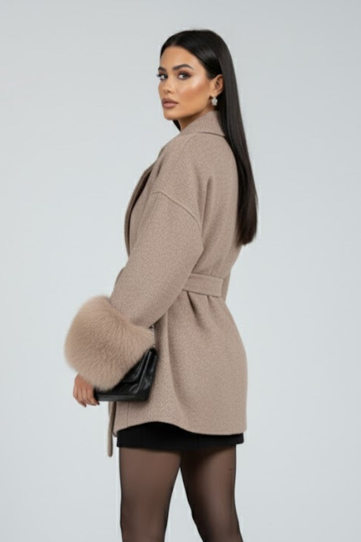 Women's Fur Cuff Belted Wrap Coat