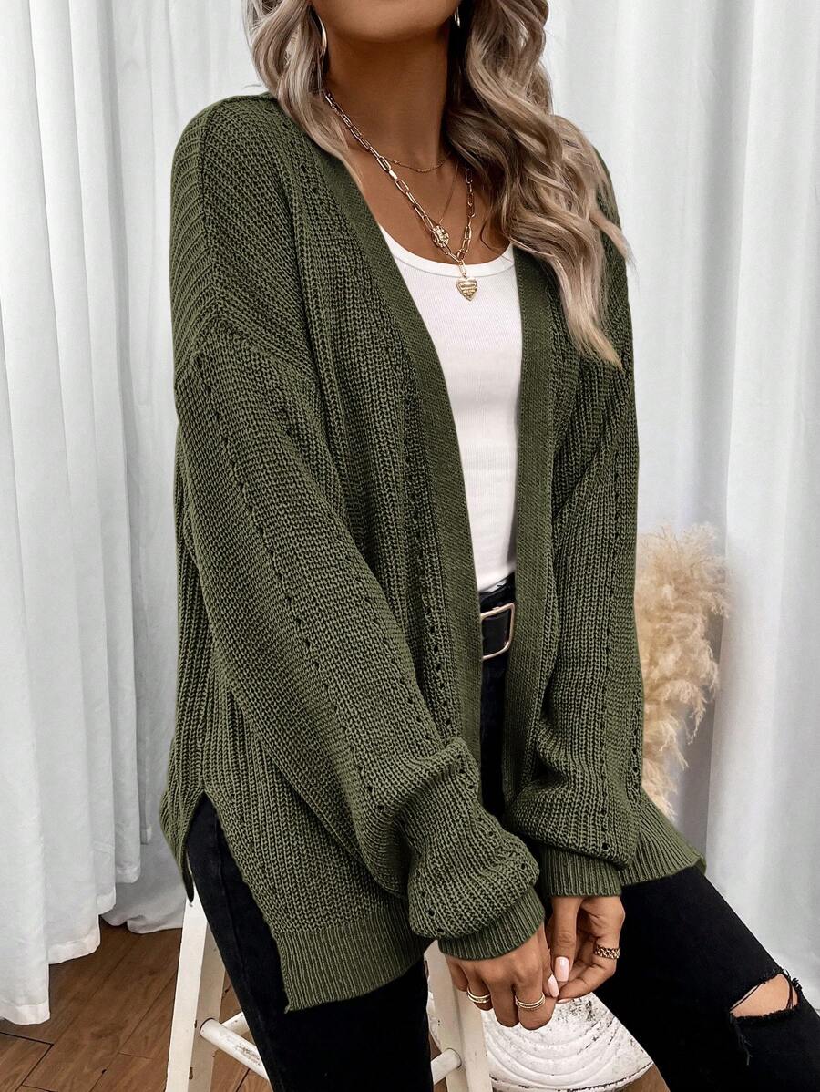 Women's Chunky Knit Eyelet Detail Open Cardigan