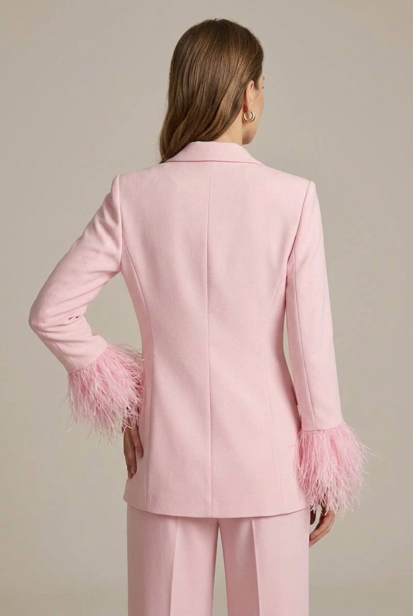 Women's Feather Cuff Blazer and Trouser Suit Set