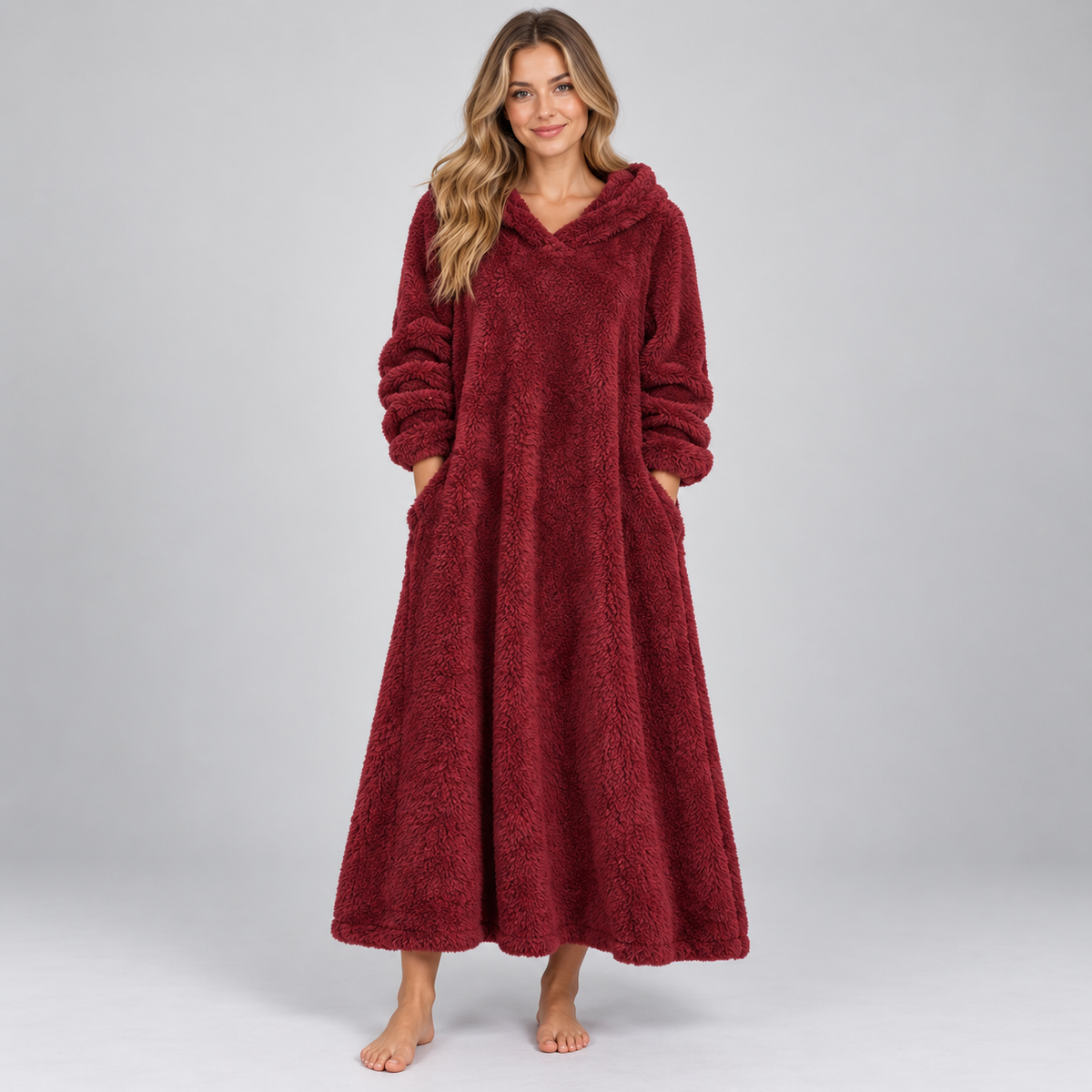 Women's Hooded Teddy Fleece Maxi Lounge Dress with Pockets