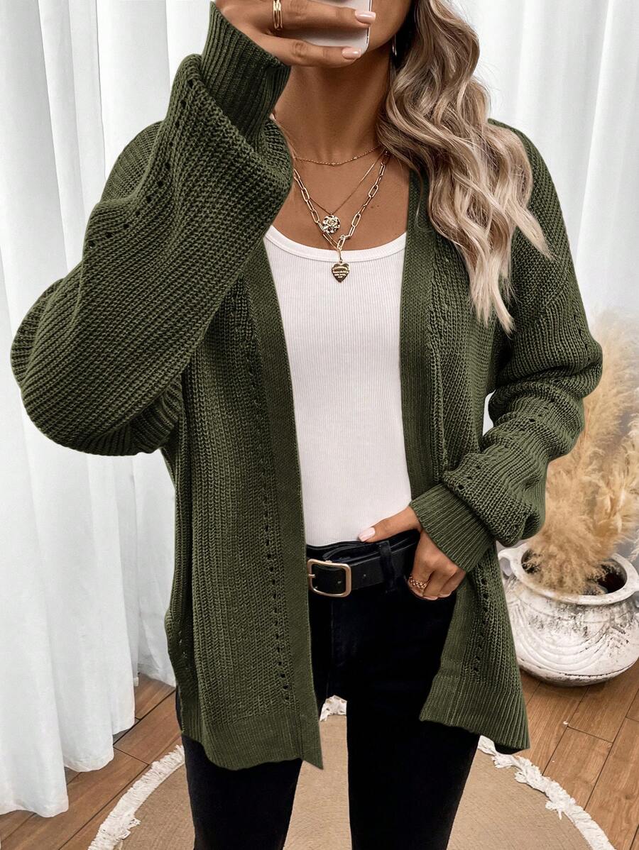 Women's Chunky Knit Eyelet Detail Open Cardigan