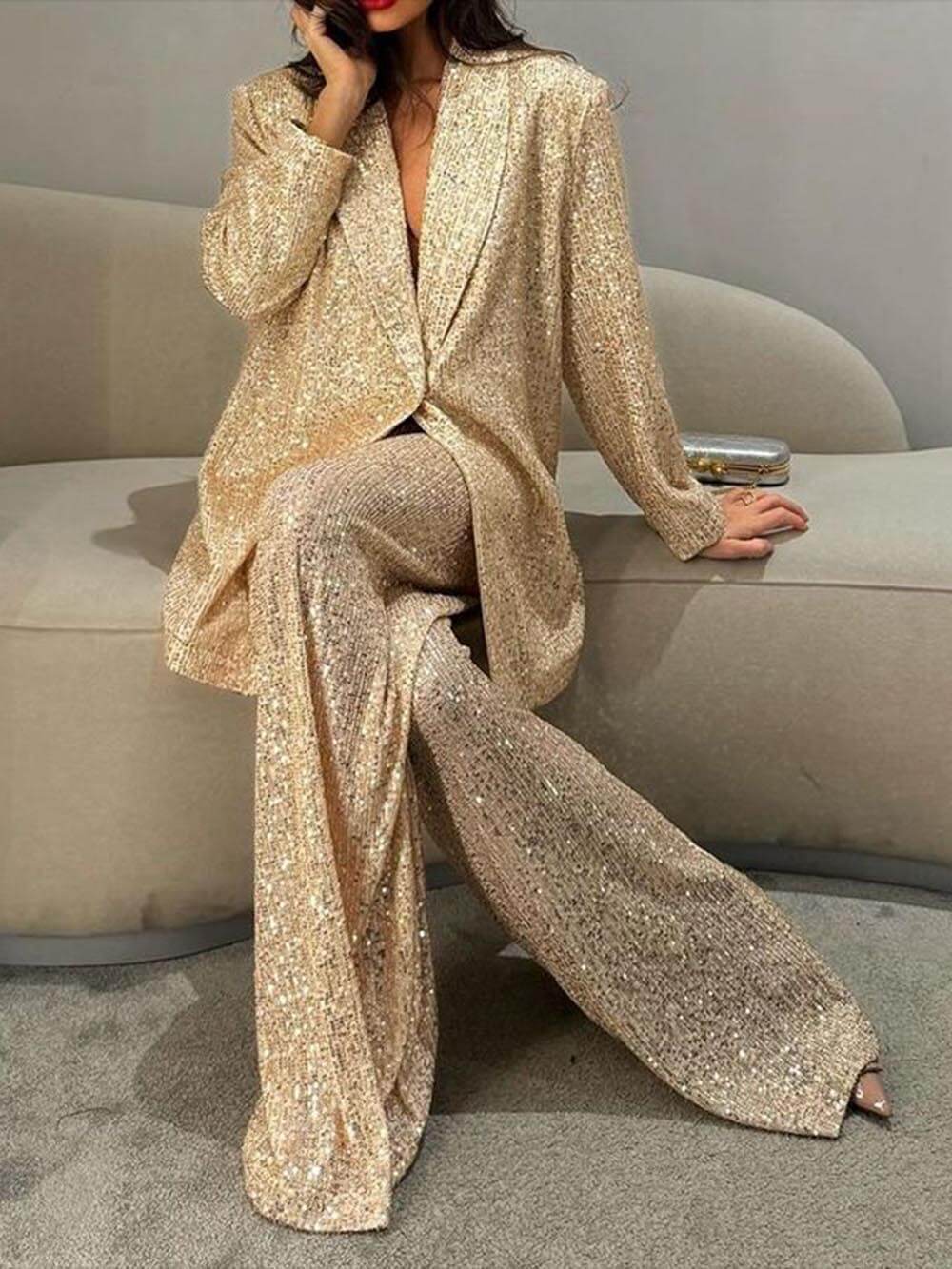 Women's Oversized Sequin Blazer Jacket with Lapel Collar