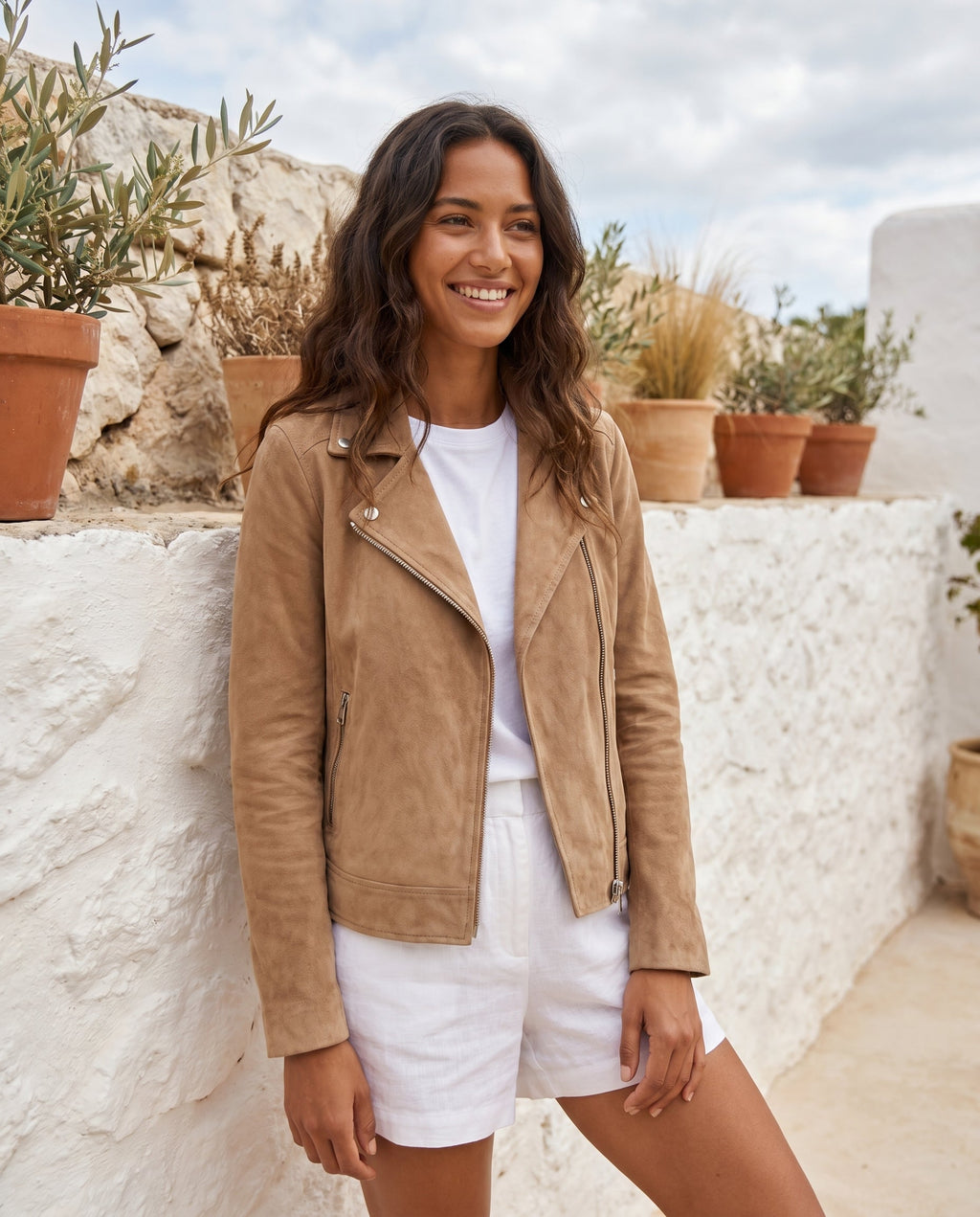 Women's Slim Fit Faux Suede Biker Jacket with Zip Pockets