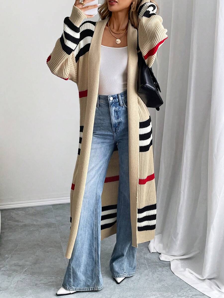 Women's Striped Longline Open-Front Maxi Cardigan