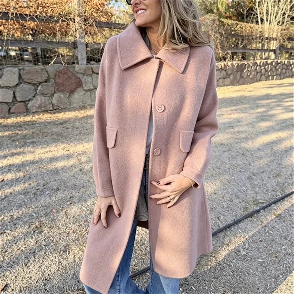 Women's Relaxed Single-Breasted Longline Coat with Wide Collar