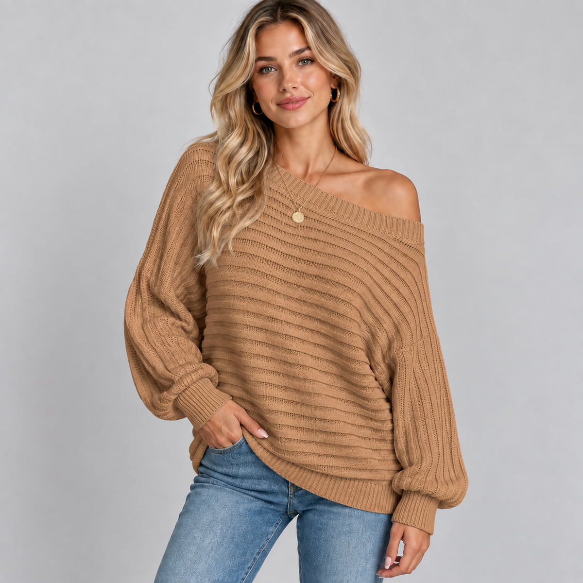 Women's Off-Shoulder Ribbed Knit Batwing Sweater
