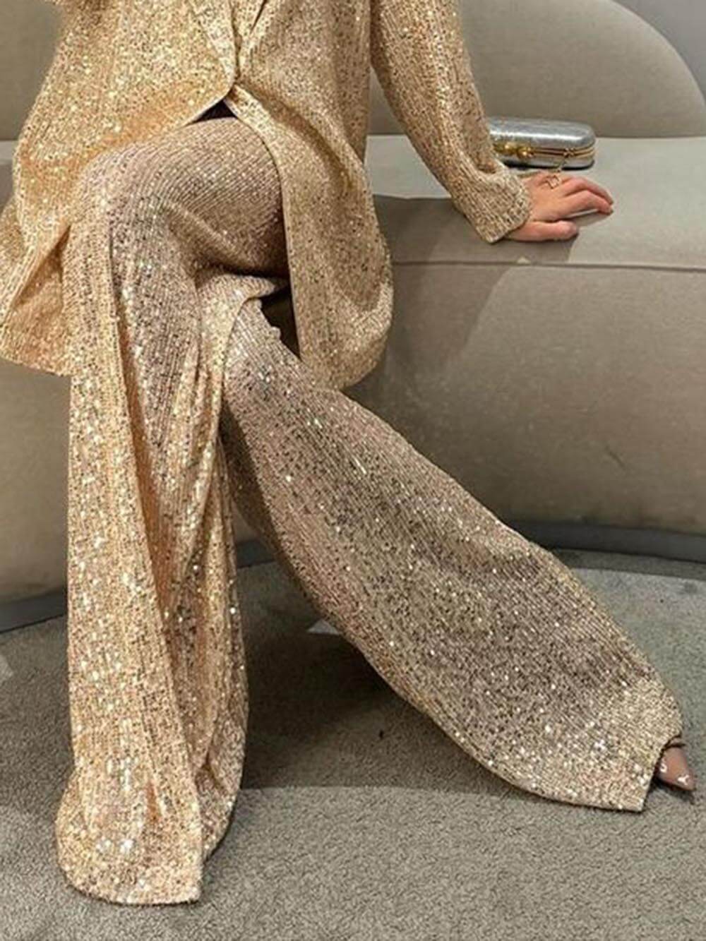 Women's Oversized Sequin Blazer Jacket with Lapel Collar