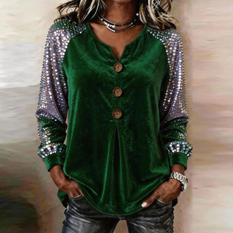 Women's Sequin Sleeve Button-Front Velvet Top