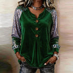 Women's Sequin Sleeve Button-Front Velvet Top