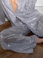 Women's Oversized Sequin Blazer Jacket with Lapel Collar