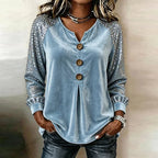 Women's Sequin Sleeve Button-Front Velvet Top