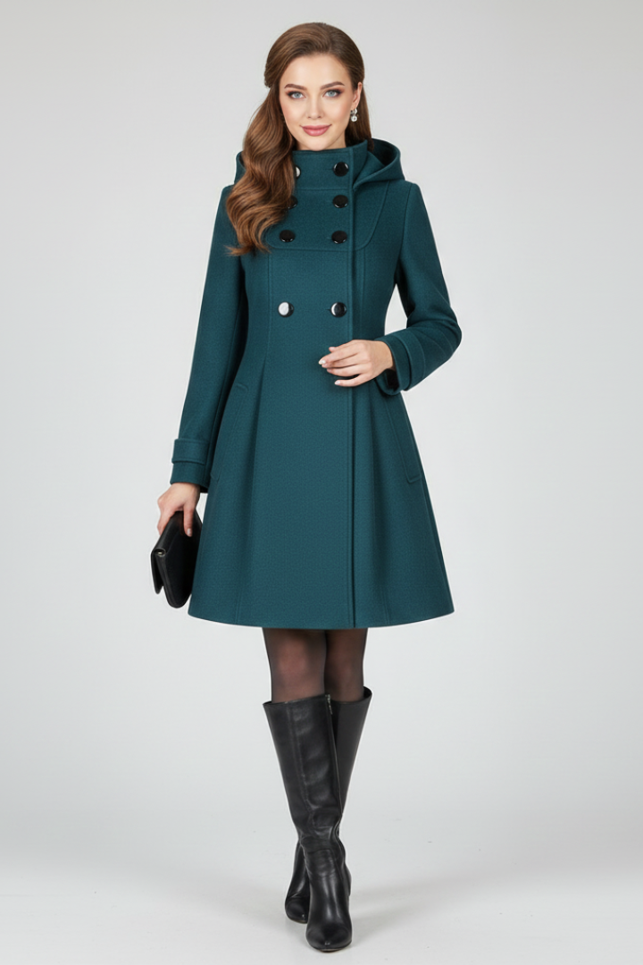 Women's Hooded Double-Breasted Fit and Flare Coat