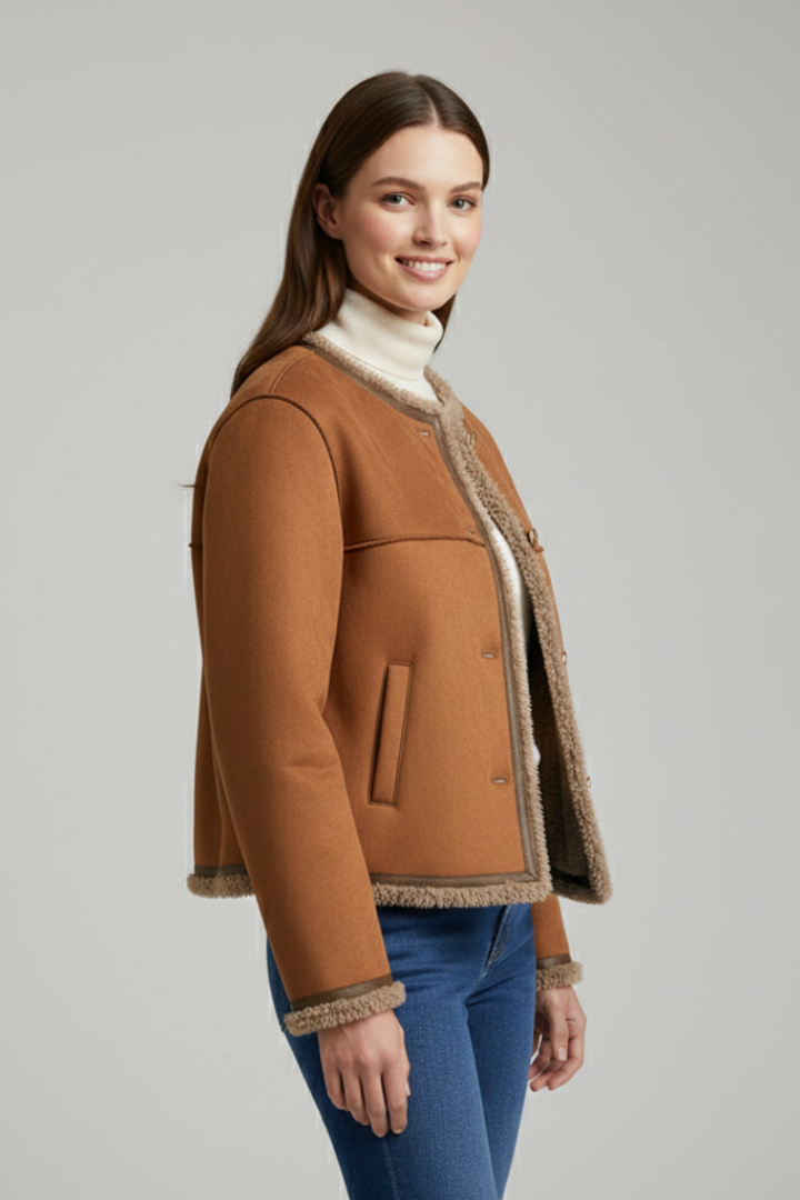 Women's Shearling Trim Collarless Button Jacket