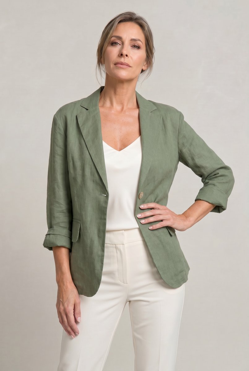 Women's Single Button Notch Collar Linen Blazer