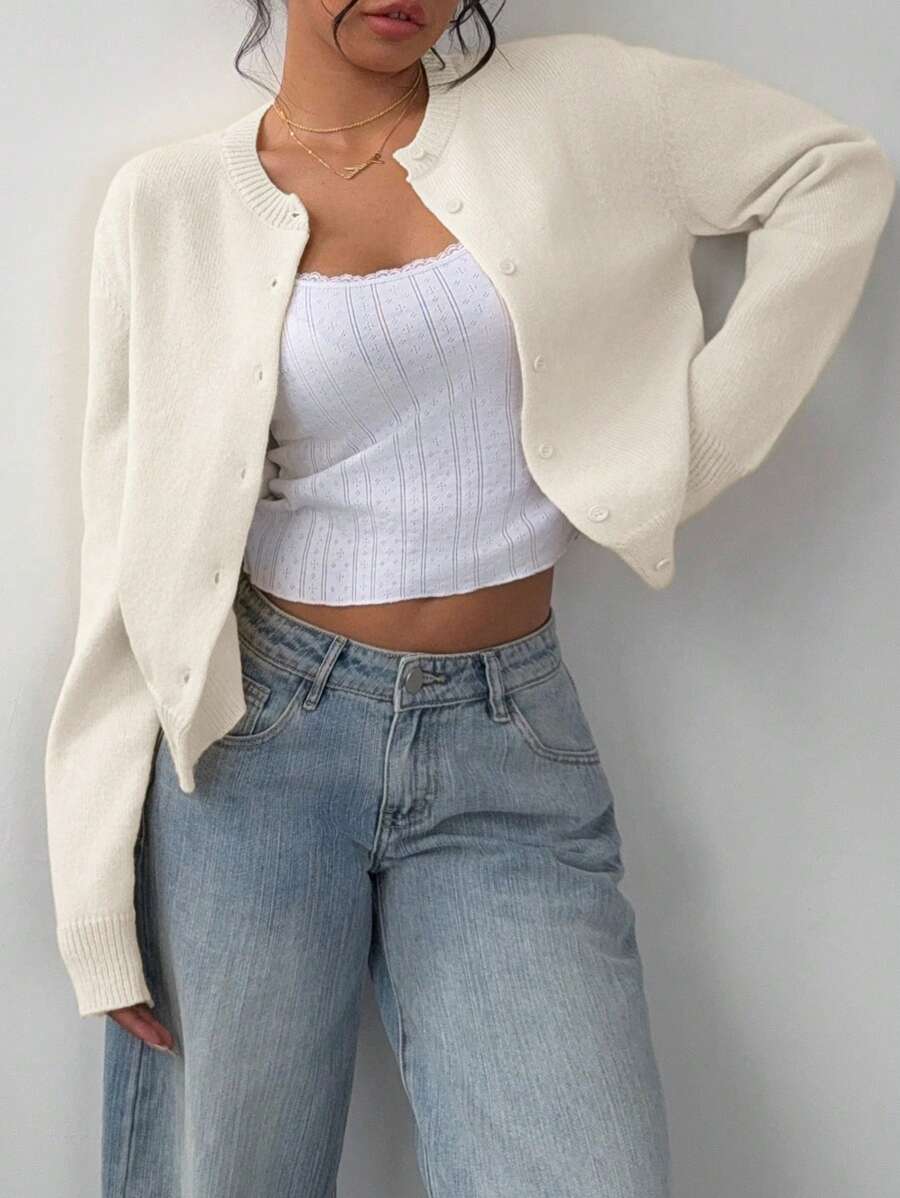 Women's Cropped Crew Neck Button-Front Cardigan