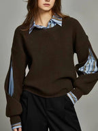 Women’s Oversized Knit Sweater with Striped Shirt Layer and Slit Sleeves