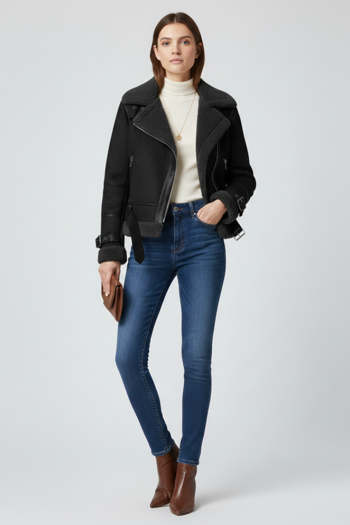 Women's Shearling Trim Biker Style Jacket