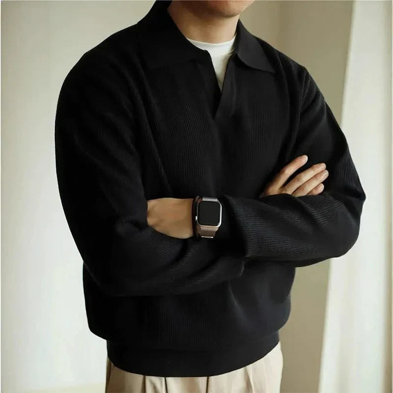 Men's Textured Knit Open Collar Long Sleeve Polo