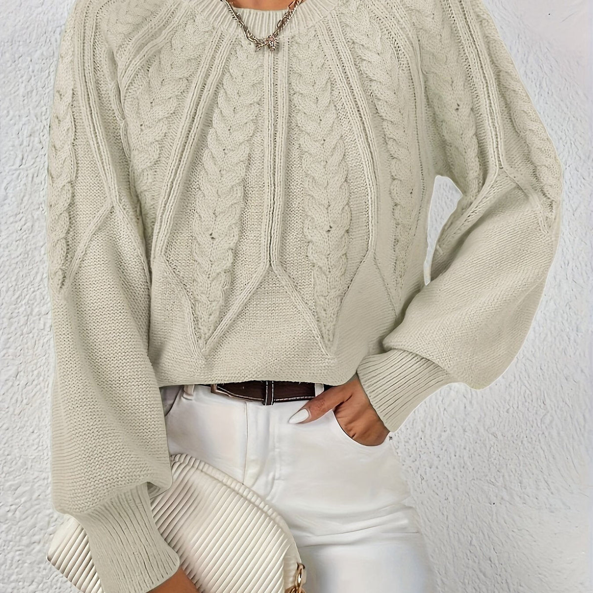 Women’s Cable Knit Raglan Sleeve Crew Neck Sweater