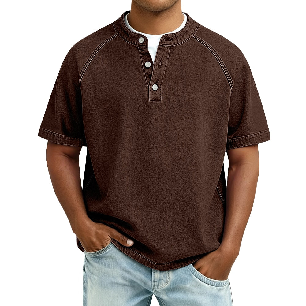 Men's Short Sleeve Band Collar Button Henley Tee