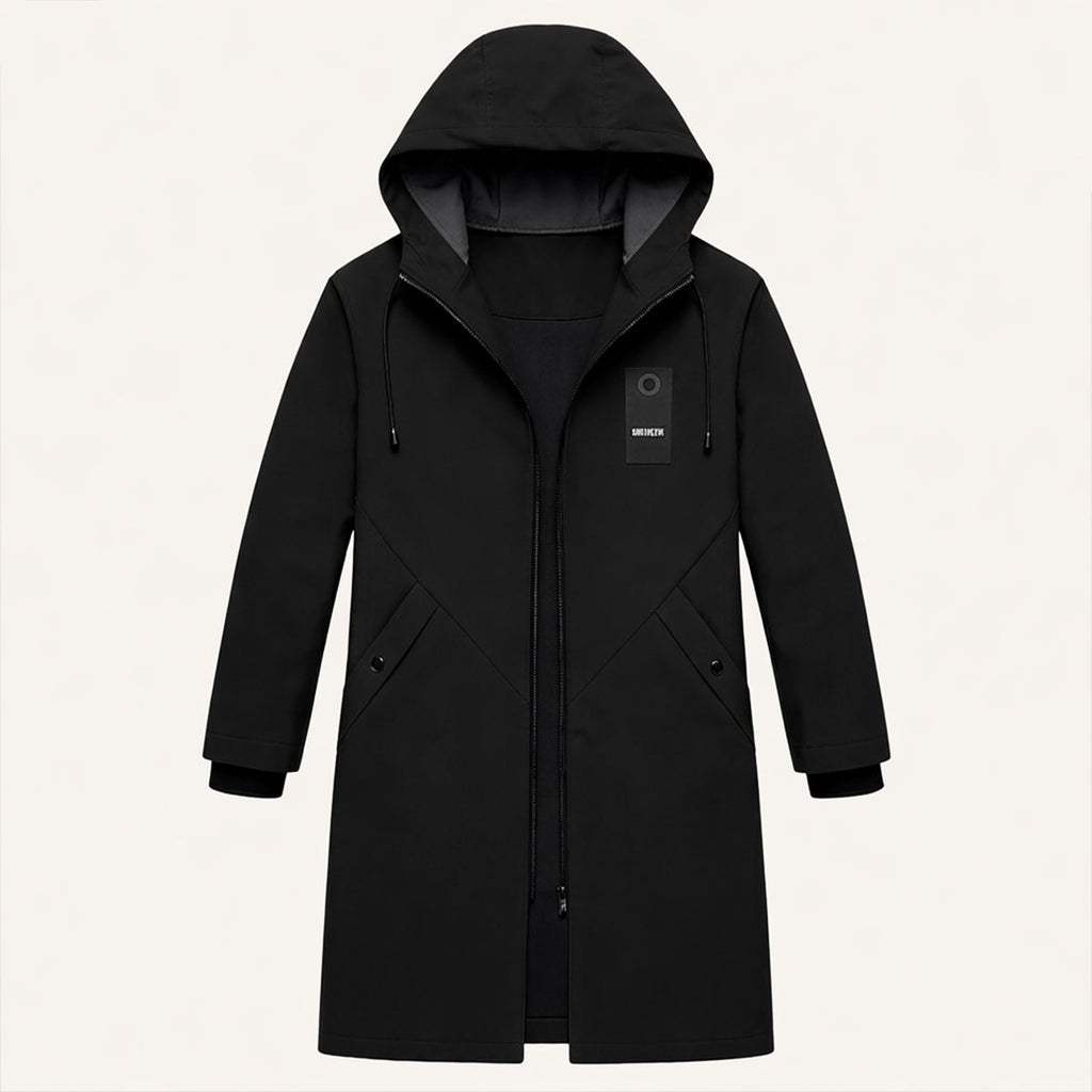 Men's long hooded rain jacket with zip front and slanted flap pockets