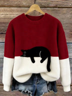Women’s Colour Block Fluffy Knit Sweater with Lounging Cat Design