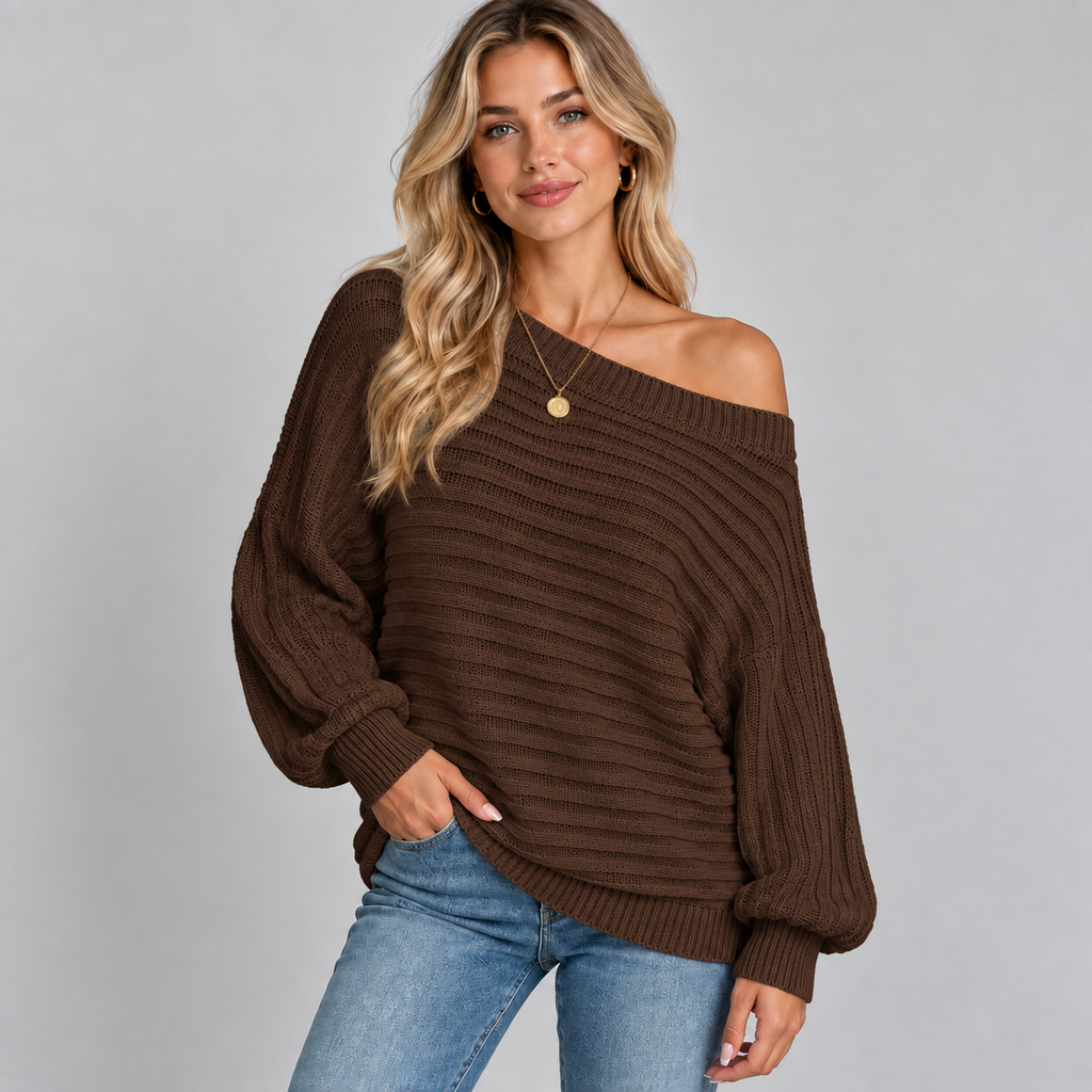 Women's Off-Shoulder Ribbed Knit Batwing Sweater
