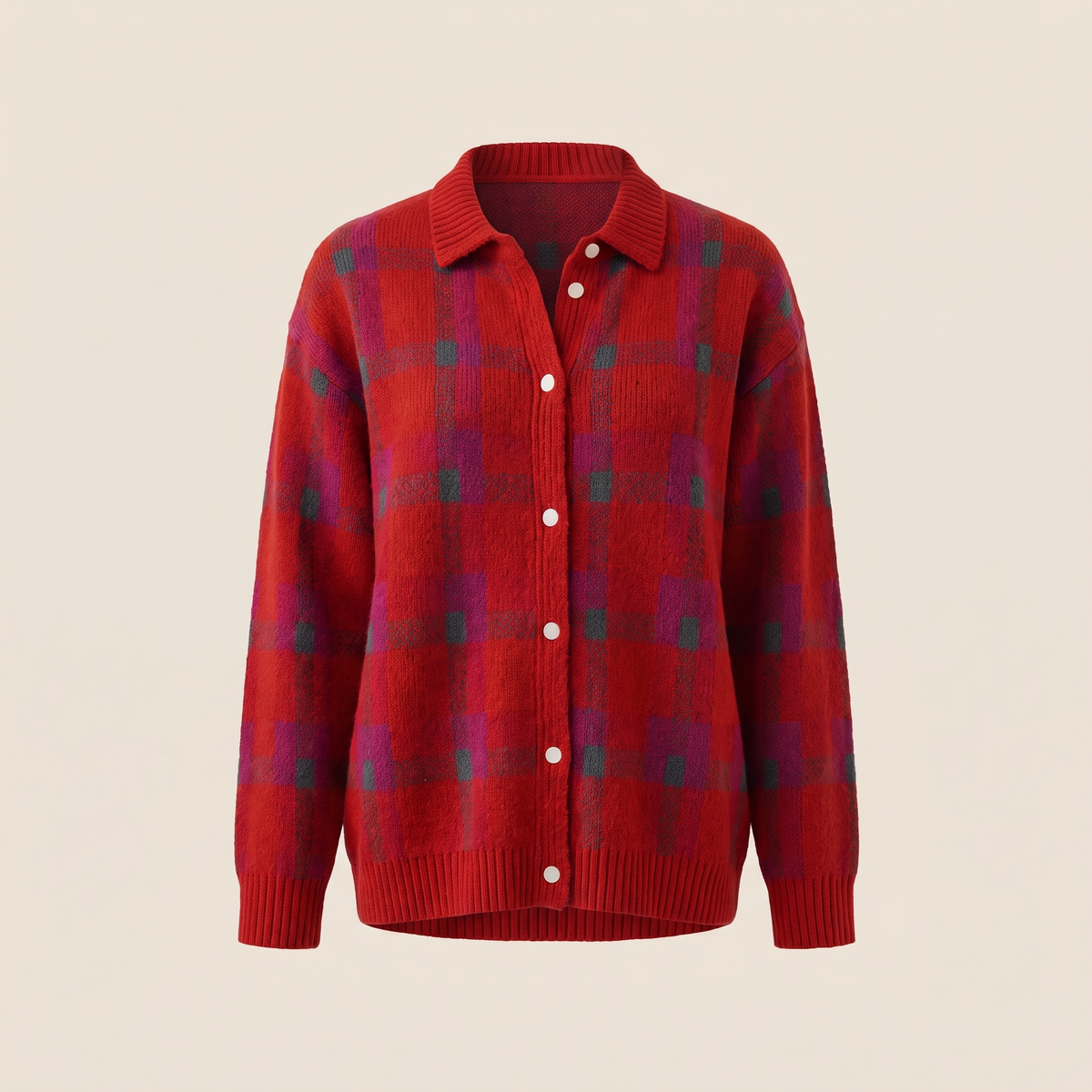 Women’s Collared Plaid Knit Cardigan with Button Front