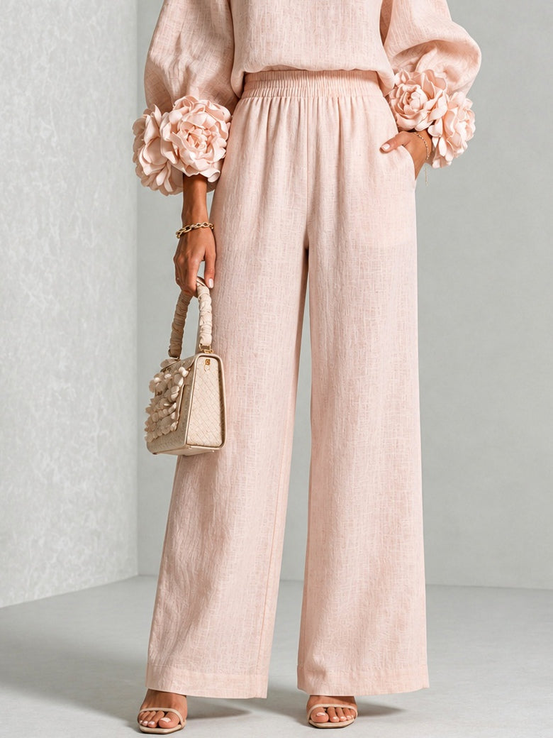 Women’s Flower Cuff Blouse and Wide-Leg Trouser Set