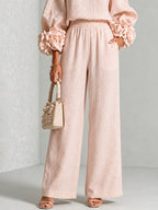 Women’s Flower Cuff Blouse and Wide-Leg Trouser Set
