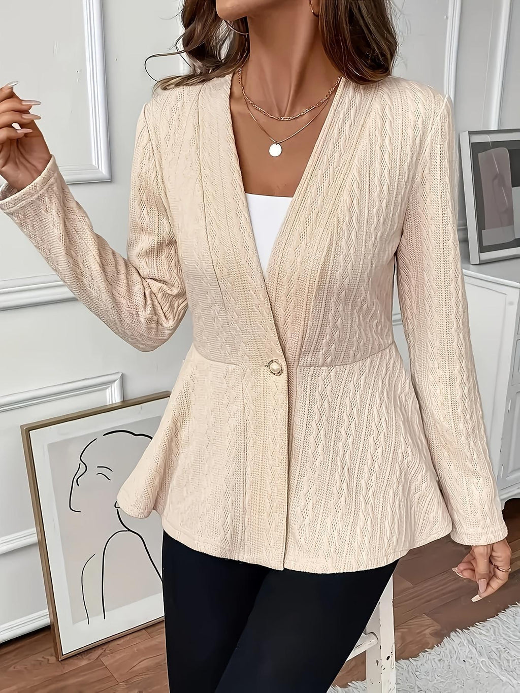 Women’s Textured Knit V-Neck Single-Button Peplum Blazer