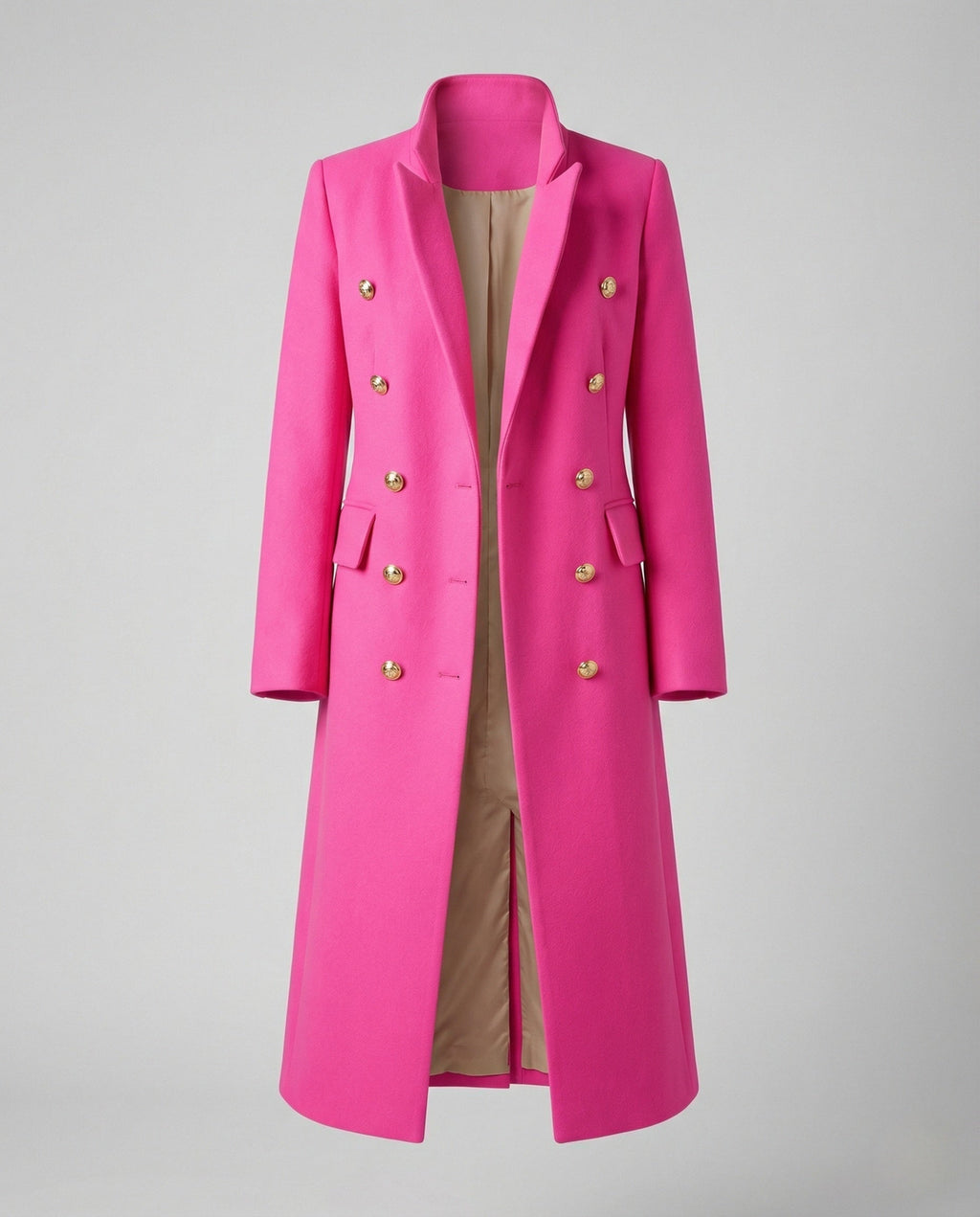 Women’s Military-Style Double-Breasted Maxi Coat with Peak Lapels
