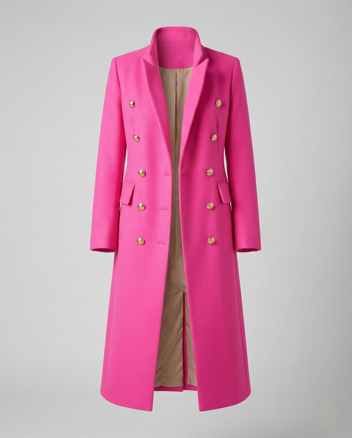 Women’s Military-Style Double-Breasted Maxi Coat with Peak Lapels