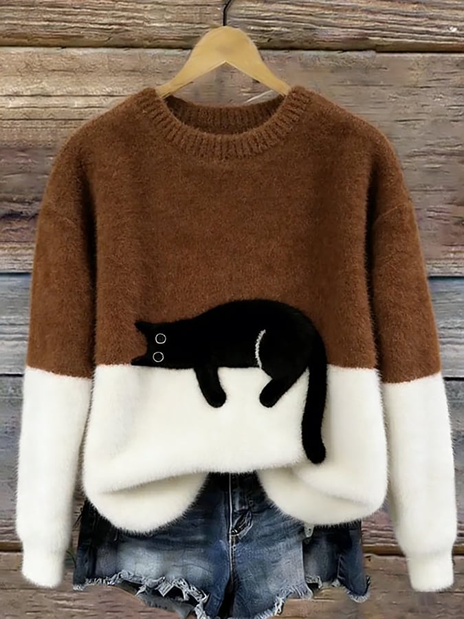 Women’s Colour Block Fluffy Knit Sweater with Lounging Cat Design