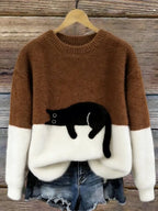 Women’s Colour Block Fluffy Knit Sweater with Lounging Cat Design