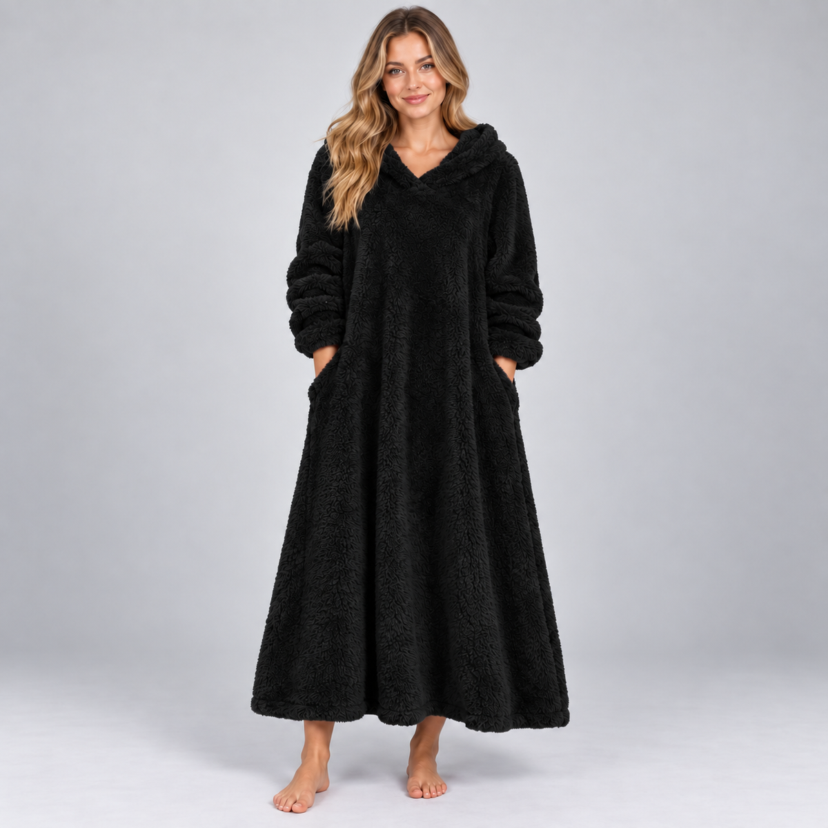Women's Hooded Teddy Fleece Maxi Lounge Dress with Pockets