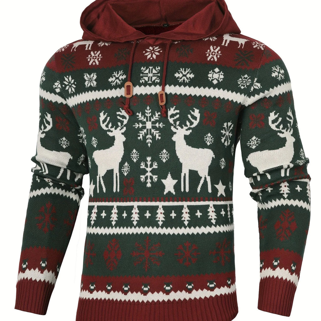 Men’s Reindeer Jacquard Knit Hooded Christmas Sweater