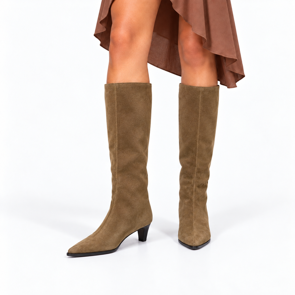 Women’s Pointed Toe Knee-High Boots with Kitten Heel