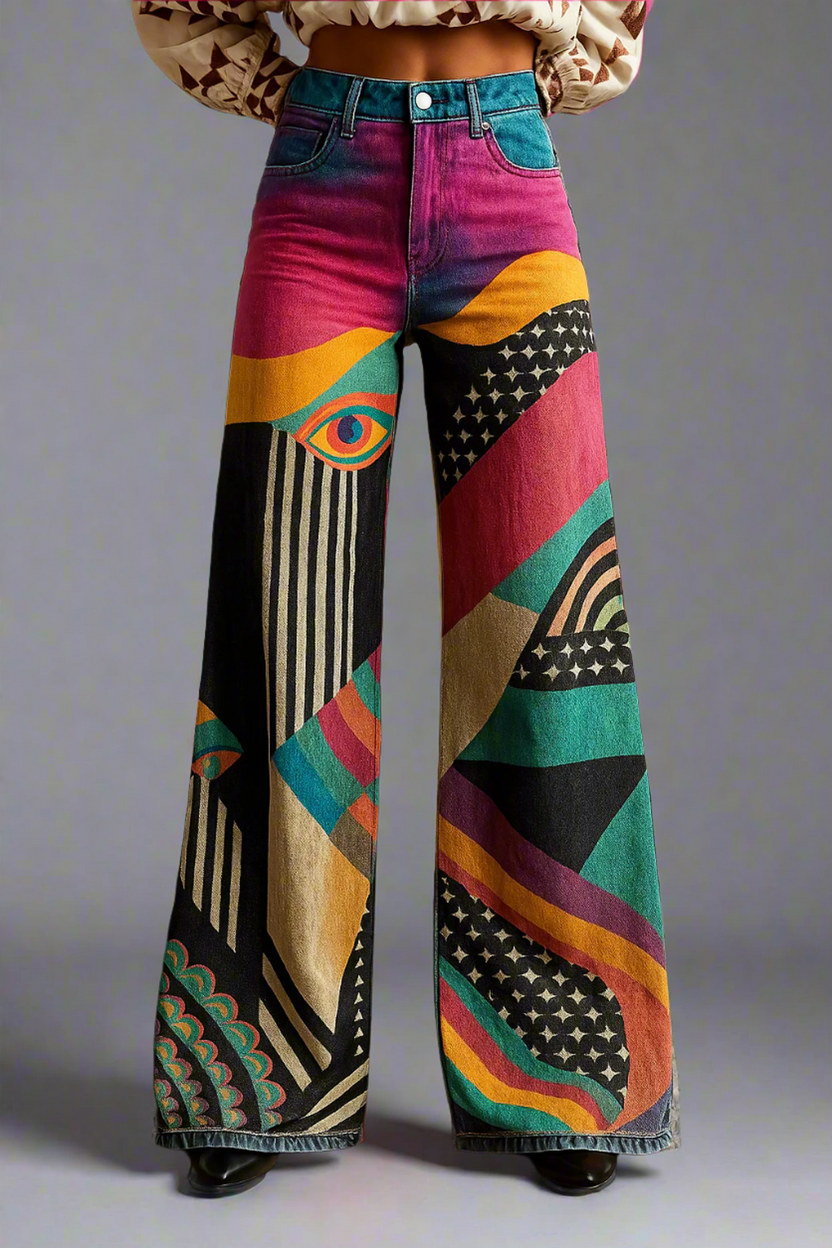 Women's High Waist Wide Leg Printed Denim Jeans