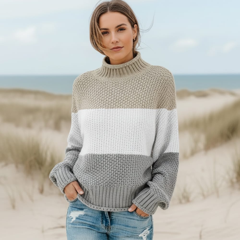 Women’s Colour Block Textured Knit Mock Neck Sweater