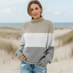 Women’s Colour Block Textured Knit Mock Neck Sweater