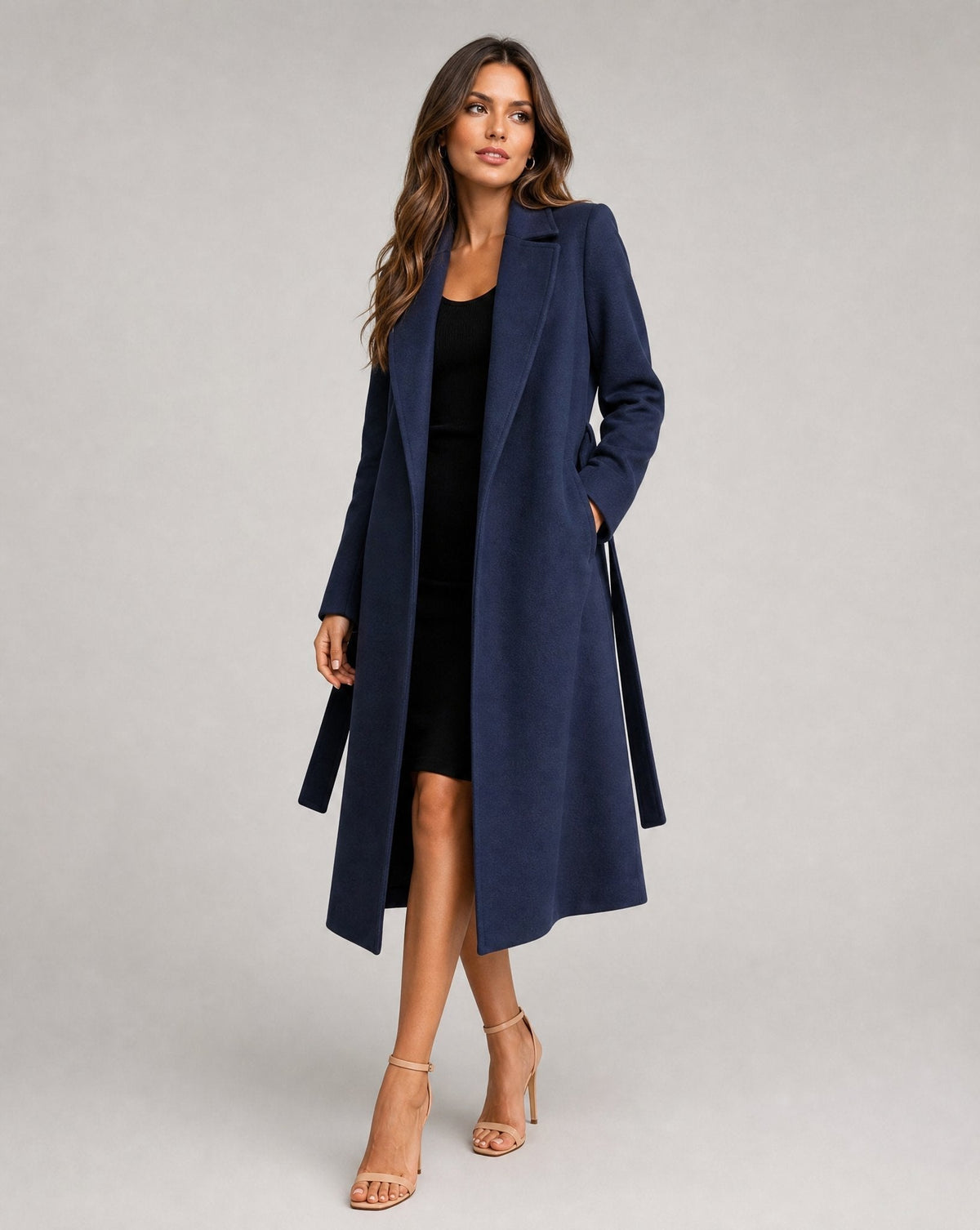 Women's Belted Notch Collar Longline Wrap Coat