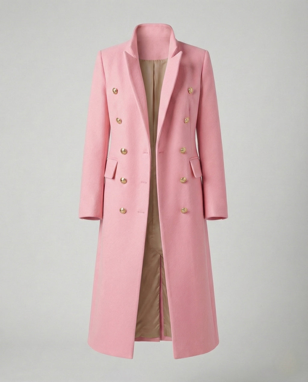 Women’s Military-Style Double-Breasted Maxi Coat with Peak Lapels