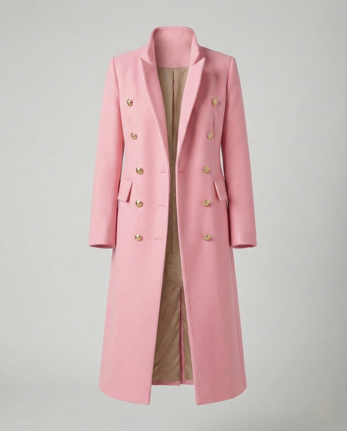 Women’s Military-Style Double-Breasted Maxi Coat with Peak Lapels