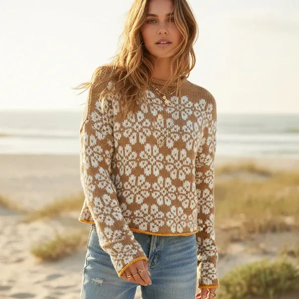 Women’s Floral Jacquard Knit Cropped Mock Neck Sweater