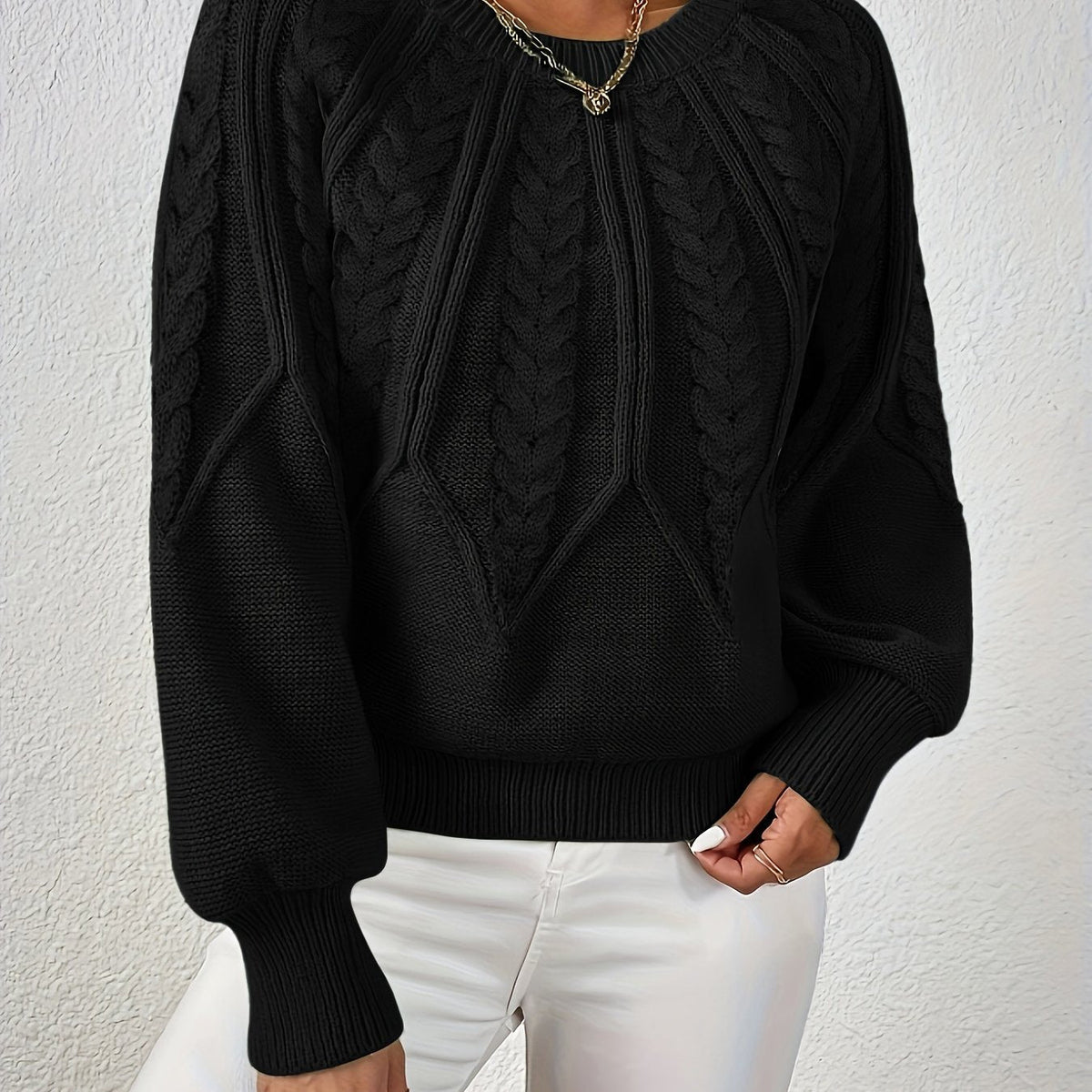 Women’s Cable Knit Raglan Sleeve Crew Neck Sweater