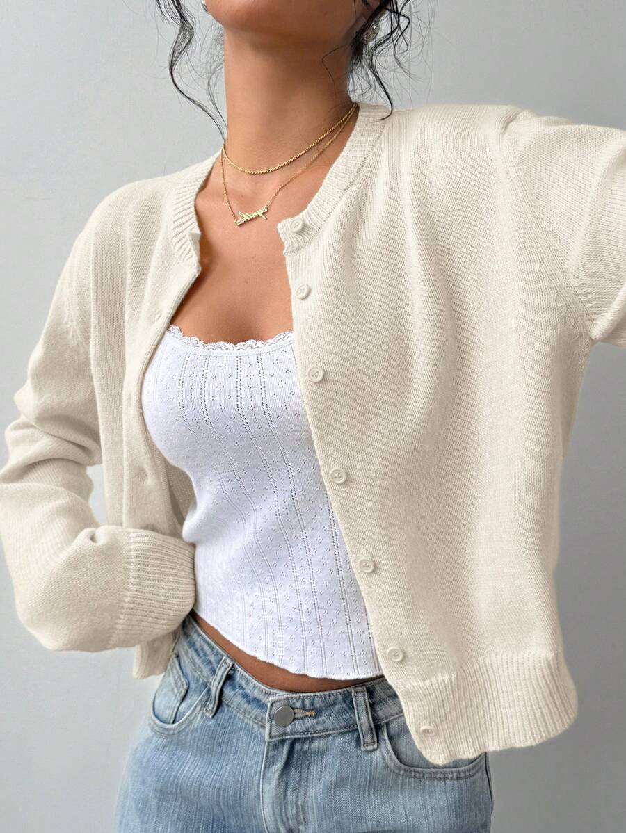 Women's Cropped Crew Neck Button-Front Cardigan
