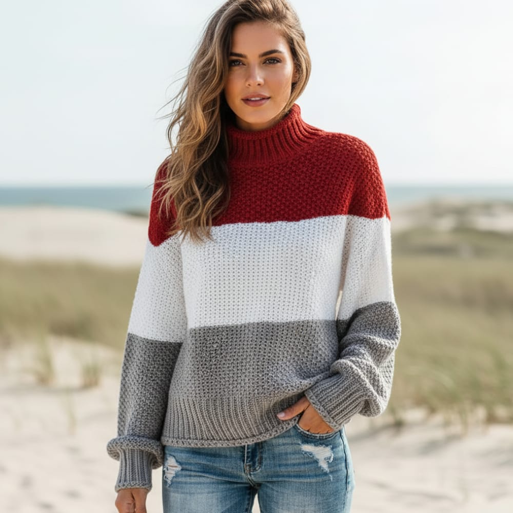 Women’s Colour Block Textured Knit Mock Neck Sweater