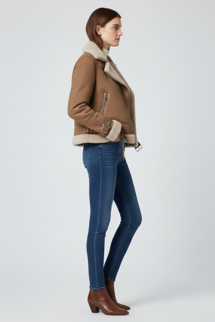 Women's Shearling Trim Biker Style Jacket
