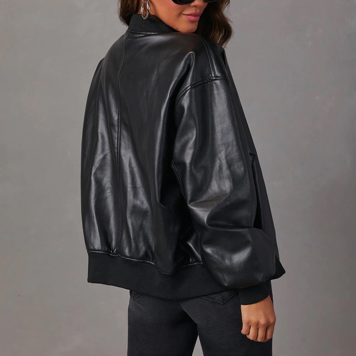 Women's Oversized Zip-Up Faux Leather Bomber Jacket